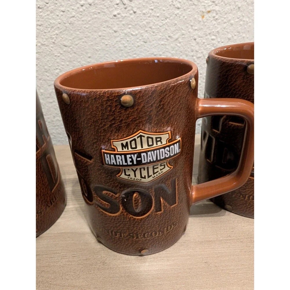 Harley Davidson Mug Lot of 3 2003 Brown 3D Embossed Faux Leather Motorcycle Vtg
